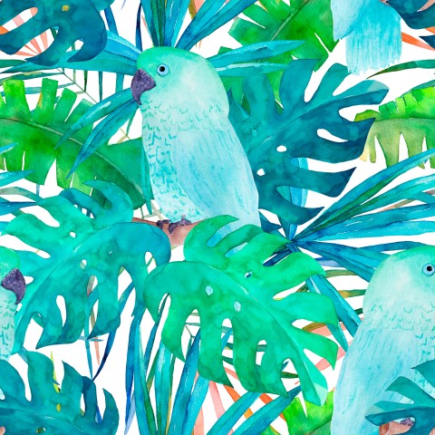 Satin cotton tropical watercolor pattern with parrots and palm leaves