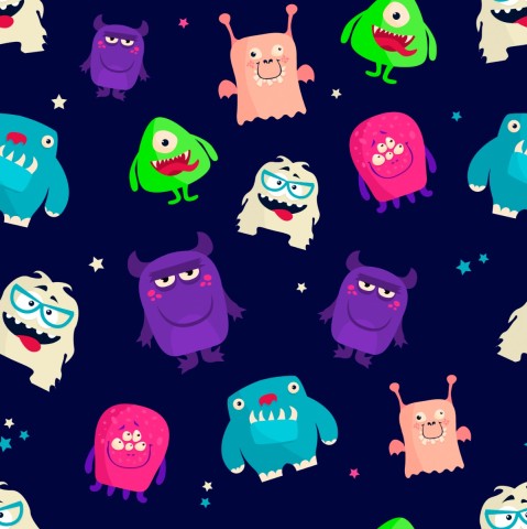 Muslin colorful monsters on a dark background