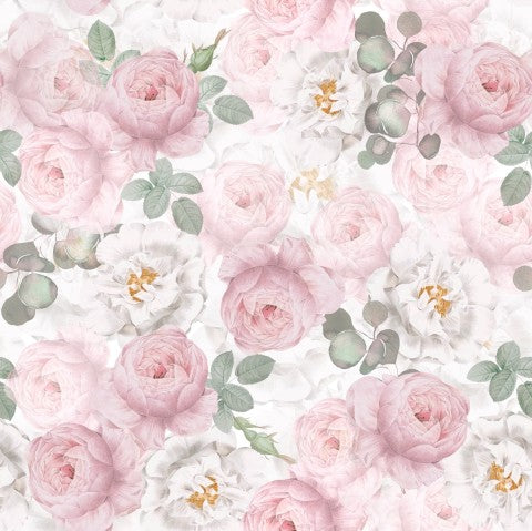 Franska frottérosor med rosa färger och gröna blad på en vit bakgrund