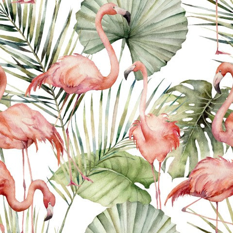 Rib Jersey Aquarellmuster mit rosa Flamingos und Palmblättern