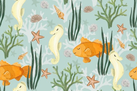 Satin cotton seahorses, starfish and fish on a blue background
