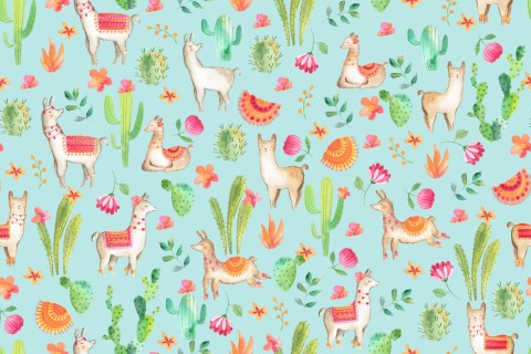 Muslin llamas and cacti on a blue background