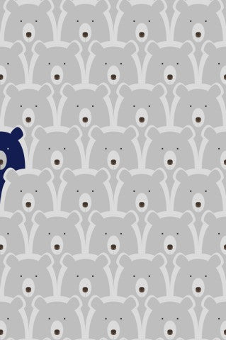 Satin cotton a blue bear standing in the middle of a large group of bears