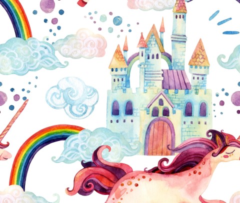 French Terry watercolor pattern with unicorns and a castle