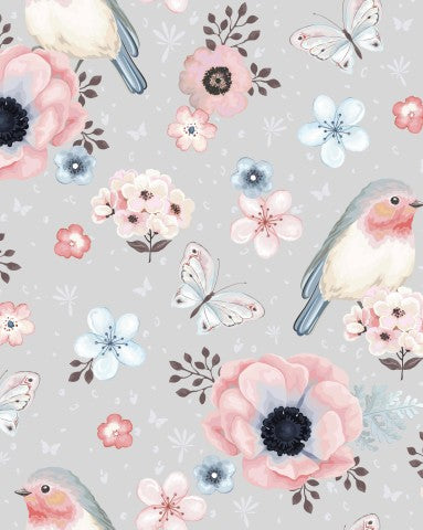 Fåglar och blommor i satinbomull