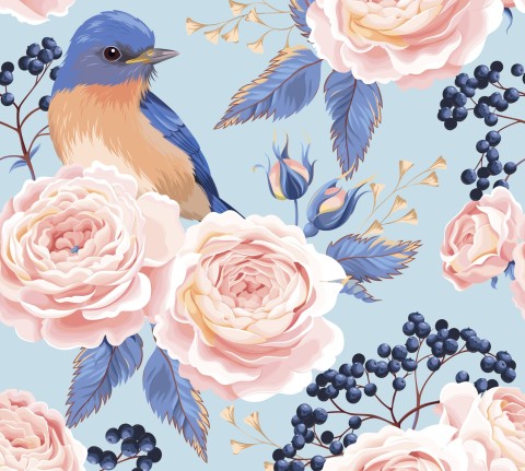 Musselin blauem Vogel und rosa Rosen