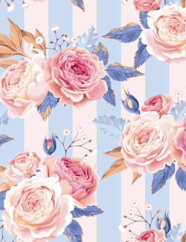 Stoff mit rosa und blaue Rosen auf einem blau-weiß gestreiften