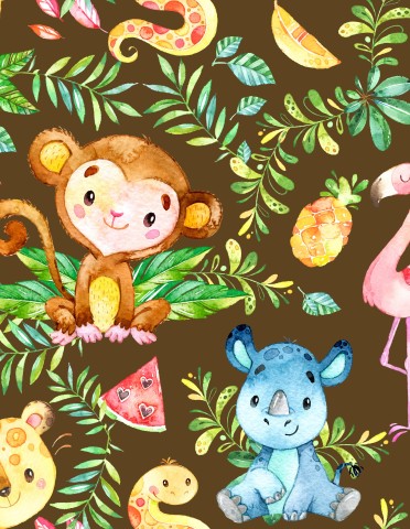 Aquarelpatroon van satijnkatoen met jungledieren en -planten