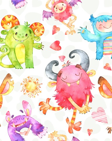 French Terry watercolor monsters and hearts