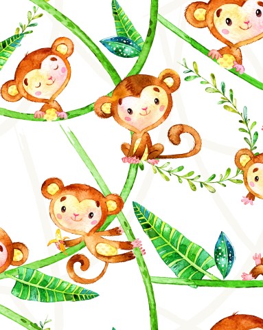 Canvas cotton watercolor pattern with cute monkeys and leaves