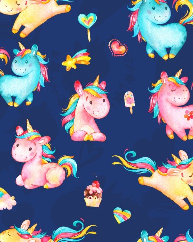 Satin cotton colorful unicorns on blue background