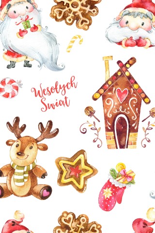 Jersey Aquarell-Weihnachtsmuster mit Weihnachtsmann, Rentier und Lebkuchen