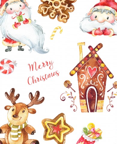Satin cotton a watercolor Christmas set with Santa Claus, reindeer and gingerbread house