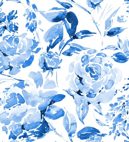 Satin cotton a blue and white watercolor floral pattern