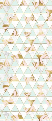 French Terry ett geometriskt mönster i guld och rosa på vit bakgrund