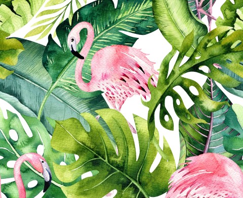 Musselin Aquarellmuster mit tropischen Blättern und rosa Flamingos