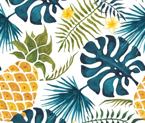 French Terry tropisches Muster mit Ananas und Palmblättern