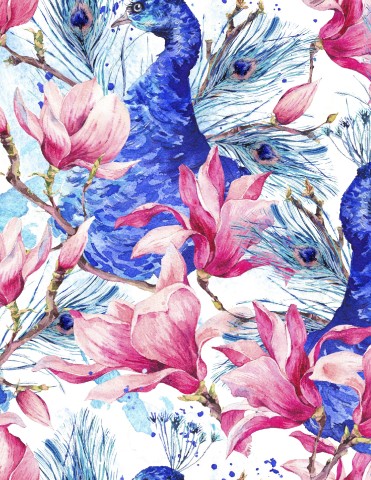 Ribjersey akvarelmønster med blå påfugle og lyserøde blomster