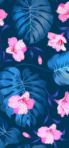 Satin cotton floral pattern with tropical leaves and pink flowers