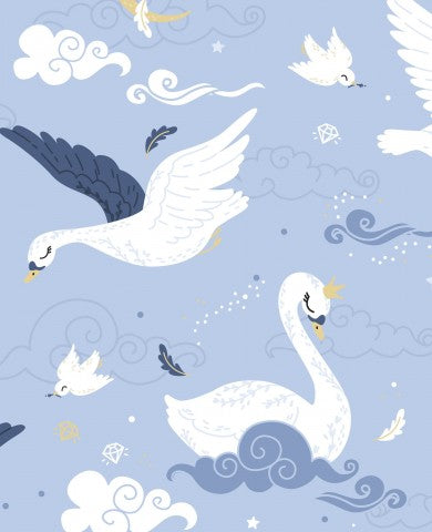 French Terry white swans and clouds