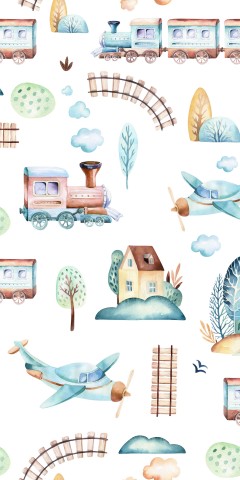 Wasserdichter Stoff einem Zug, einem Haus und Bäumen in Aquarell