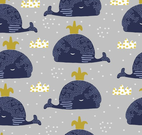 French Terry blue whales and golden crowns
