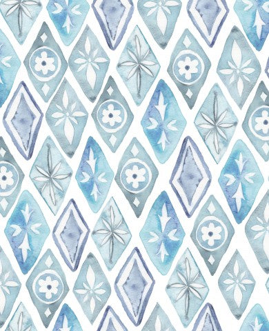 Rib Jersey ein blau-weißes Aquarellmuster mit Blumen und Sternen