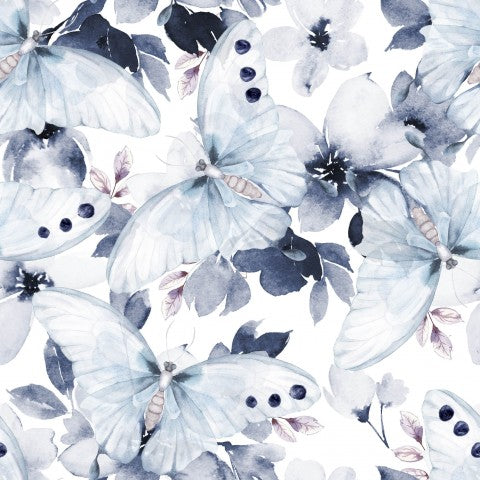 Tessuto impermeabile con motivo acquerello con farfalle e fiori blu