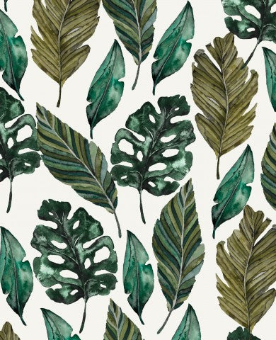 Satin cotton a green and white pattern with tropical leaves