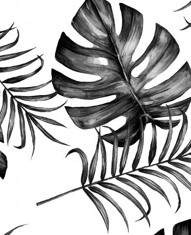 Tissu imperméable avec une illustration en noir et blanc de feuilles tropicales