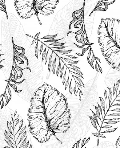 Muselina con estampado blanco y negro con hojas tropicales.