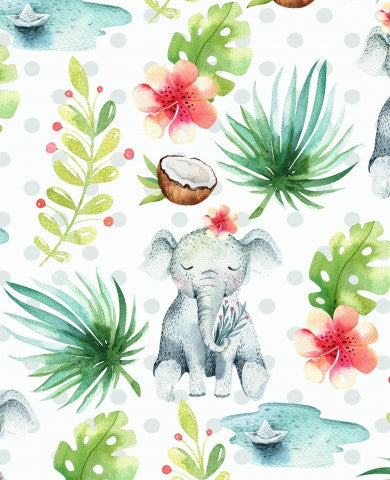 Elefanti e piante tropicali acquerellati in jersey a coste