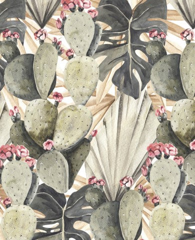 Canvas cotton a watercolor pattern with cactus plants and leaves
