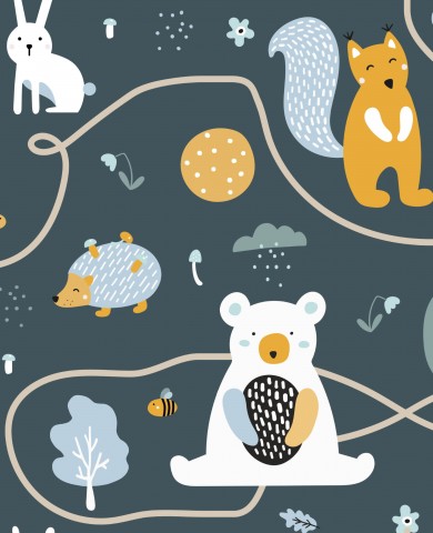 Puuvillakangas söpöjä eläimiä ja kasveja