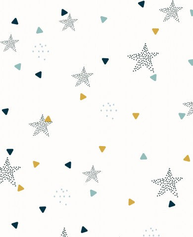 Satin cotton a white and blue pattern with stars and triangles