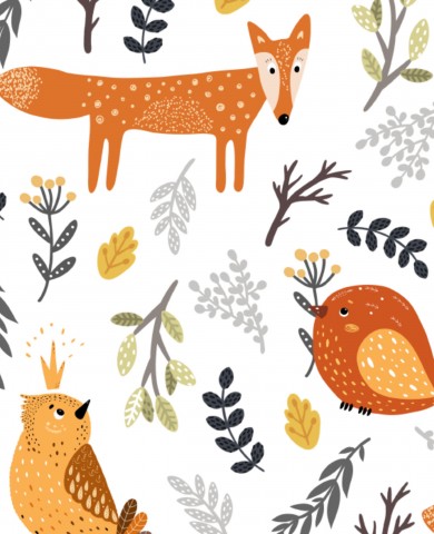 Toile coton renard, oiseau et feuilles