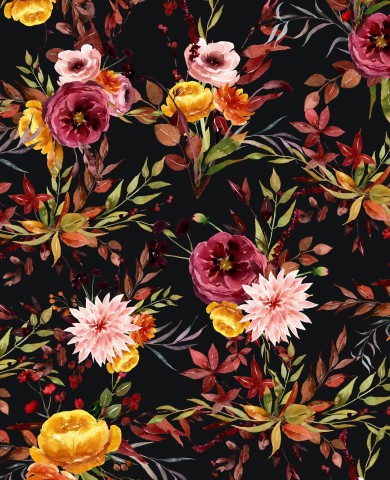 Jersey côtelé motif floral avec des fleurs sur fond noir