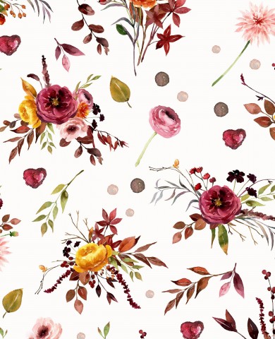 French Terry floral pattern with watercolor flowers and leaves