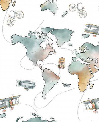 Satin cotton a watercolor world map with airplanes, bicycles and other objects