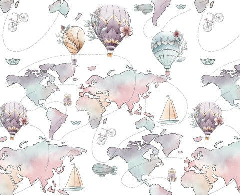 Mapa del mundo en acuarela de muselina con globos aerostáticos y barcos.