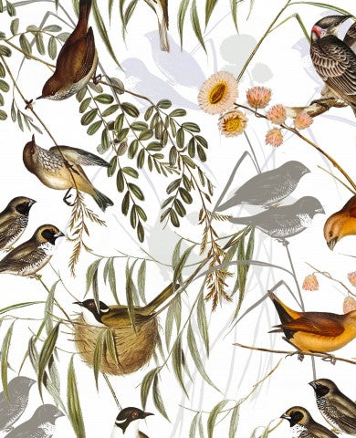 Satin cotton birds and flowers on white background