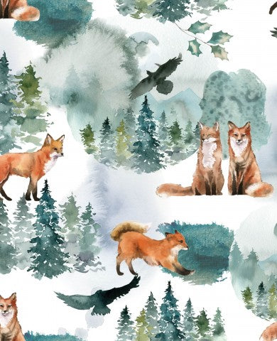 Muslin watercolor pattern with foxes and birds
