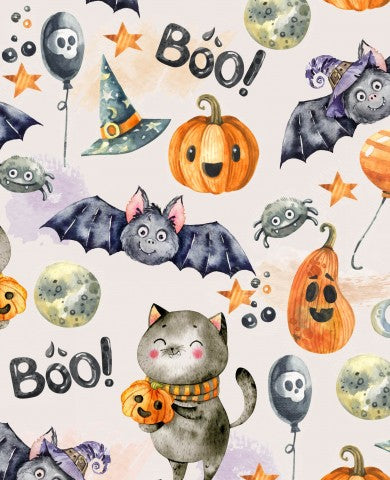 Wasserdichter Stoff ein Halloween-Muster mit Katzen, Fledermäusen und Kürbissen