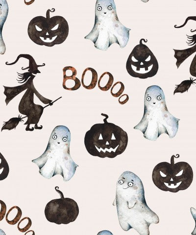 Ribjersey Halloween-mønster med spøgelser, græskar og hekse