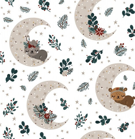 Tissu imperméable ours et lune sur fond blanc