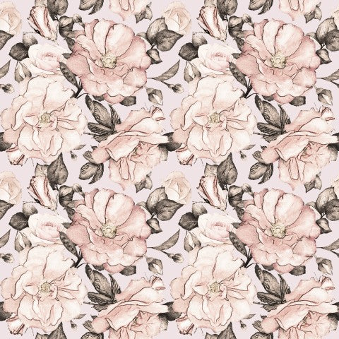 Muslin et blomstermønster med lyserøde roser på en lilla baggrund