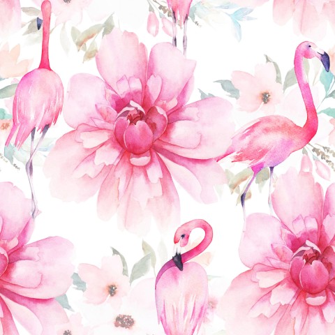 Canvas cotton watercolor pattern with pink flamingos and peonies