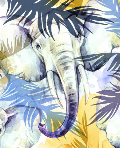 French Terry watercolor pattern with elephants and palm leaves