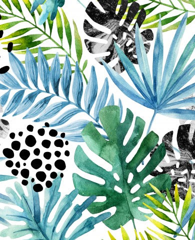 Vandtæt stof med et akvarelmønster med tropiske planter og blade
