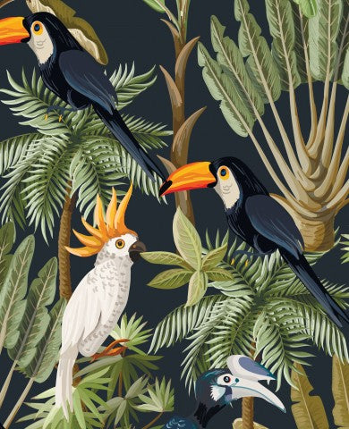 Canvas cotton toucans, parrots and other tropical birds